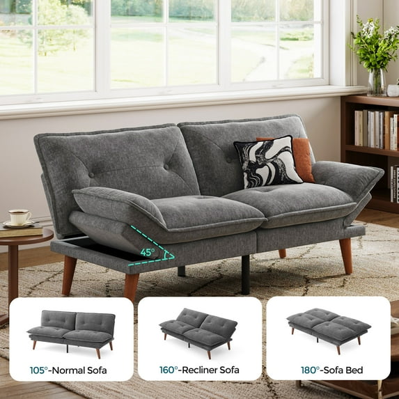 Linsy Home Convertible Upholstered Futon Couch with Adjustable Armrests, Grey