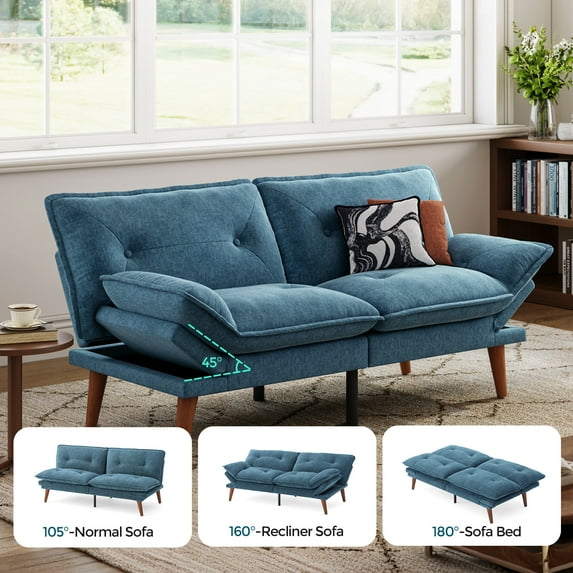 Linsy Home Convertible Upholstered Futon Couch with Adjustable Armrests, Blue