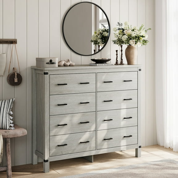 Linsy Home Farmhouse 8 Drawers Dresser for Bedroom, 50" Wide Wood Chest of Drawers with Dual-handle Drawer, Grey