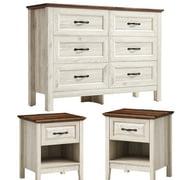 Linsy Home Farmhouse Bedroom Set, 3 Pieces Bedroom Furniture Set Include 6 Drawer Dresser, Nightstands for Bedroom Set of 2, Oak White