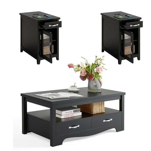 Linsy Home Farmhouse Coffee Table Sets 3 Pieces, Wood Living Room Table Set Include 41" Coffee Table, End Table Set of 2, Black