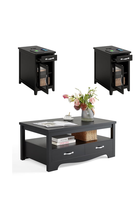 Farmhouse Coffee Table Sets 3 Pieces, Wood Living Room Table Set Include 41" Coffee Table, End Table Set of 2, Black