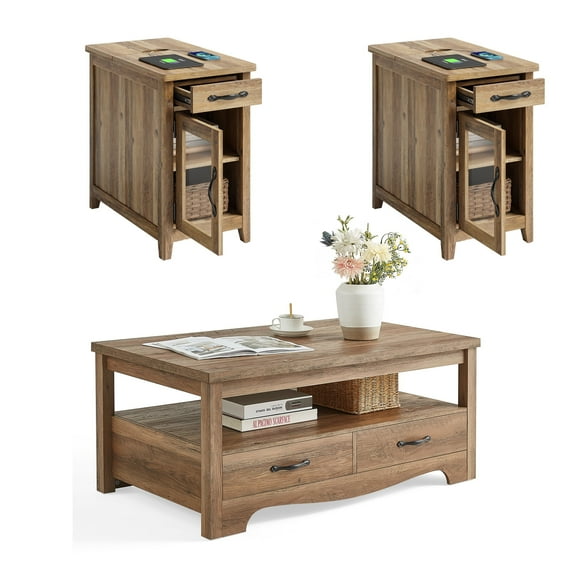 Linsy Home Farmhouse Coffee Table Sets 3 Pieces, Wood Living Room Table Set Include 41" Coffee Table, End Table Set of 2, Brown