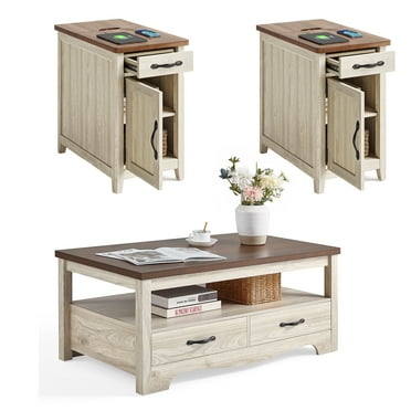 Linsy Home Farmhouse Coffee Table Sets 3 Pieces, Wood Living Room Table Set Include 41" Coffee Table, End Table Set of 2, Washed Grey & Brown