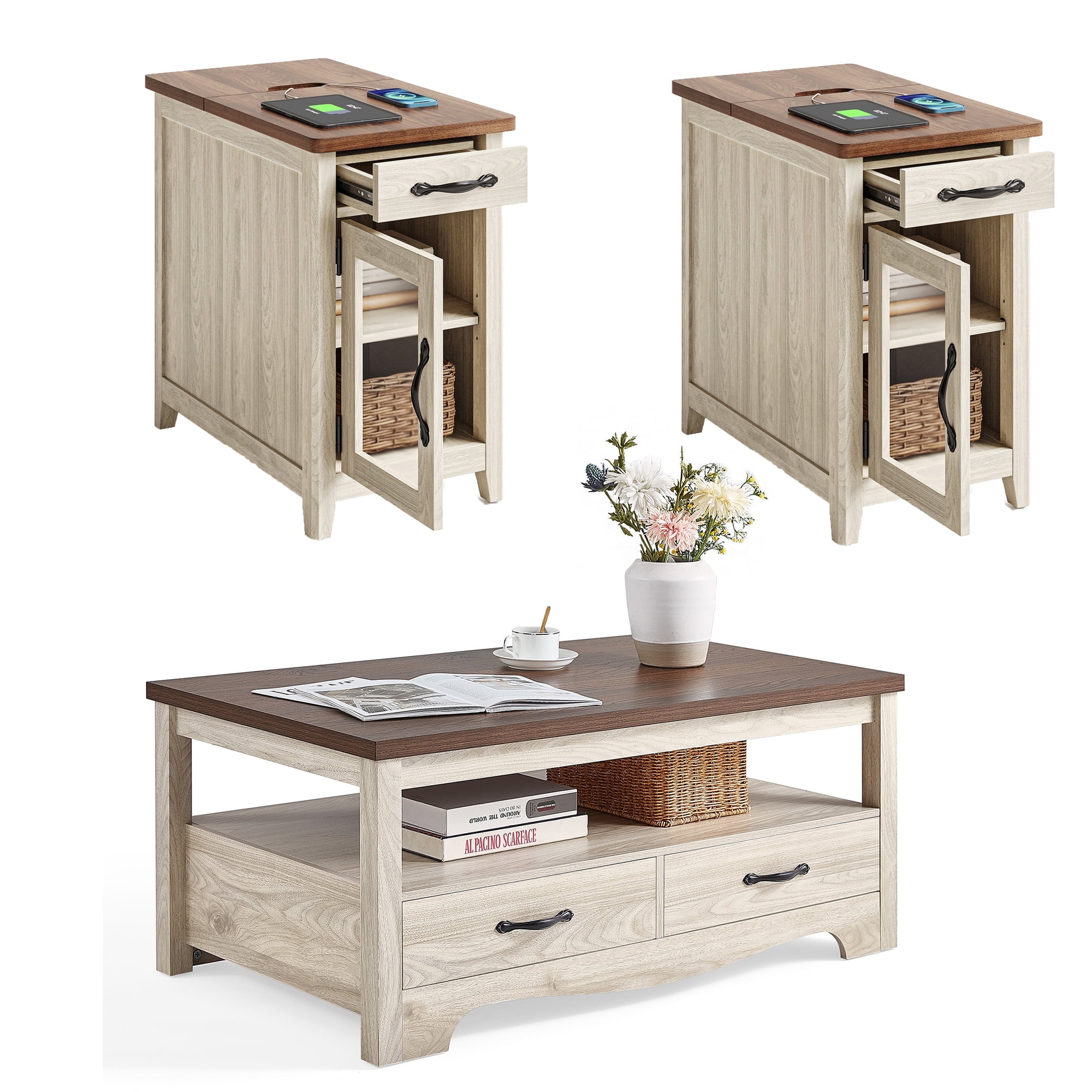 LINSY HOME 2-Tier Round Coffee Table Set, Wooden, Metal Frame, Living Room, Rustic Brown