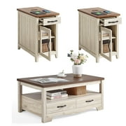 Linsy Home Farmhouse Coffee Table Sets 3 Pieces, Wood Living Room Table Set Include 41" Coffee Table, End Table Set of 2, Washed Grey & Brown