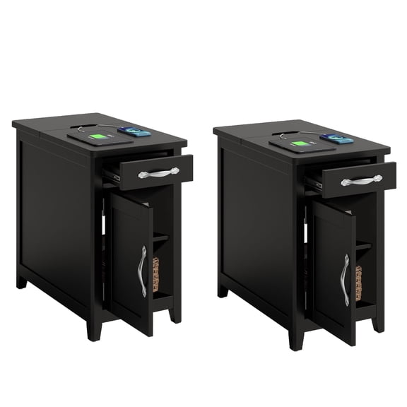 Linsy Home Farmhouse End Tables for Living Room Set of 2, Side Tables with Usb Ports and Outlets, Black