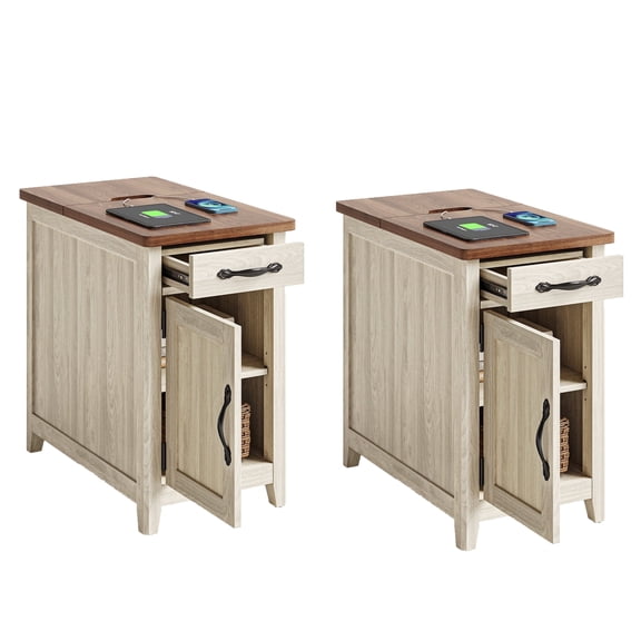 Linsy Home Farmhouse End Tables for Living Room Set of 2, Side Tables with Usb Ports and Outlets, Brown & Beige