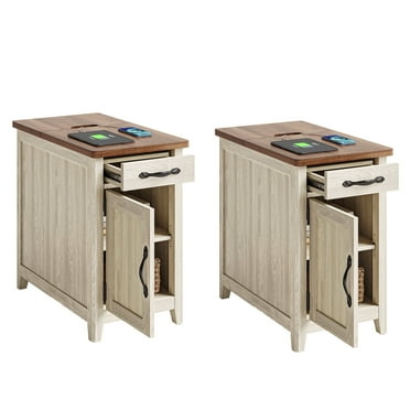 Linsy Home Farmhouse End Tables for Living Room Set of 2, Washed Grey & Brown