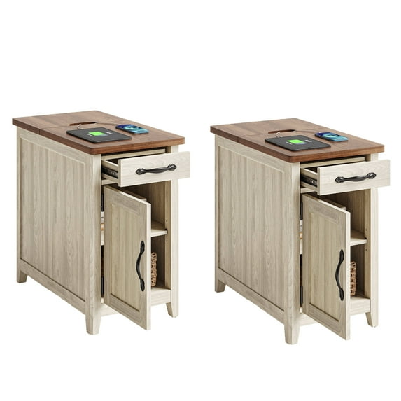 Linsy Home Farmhouse End Tables for Living Room Set of 2, Washed Grey & Brown