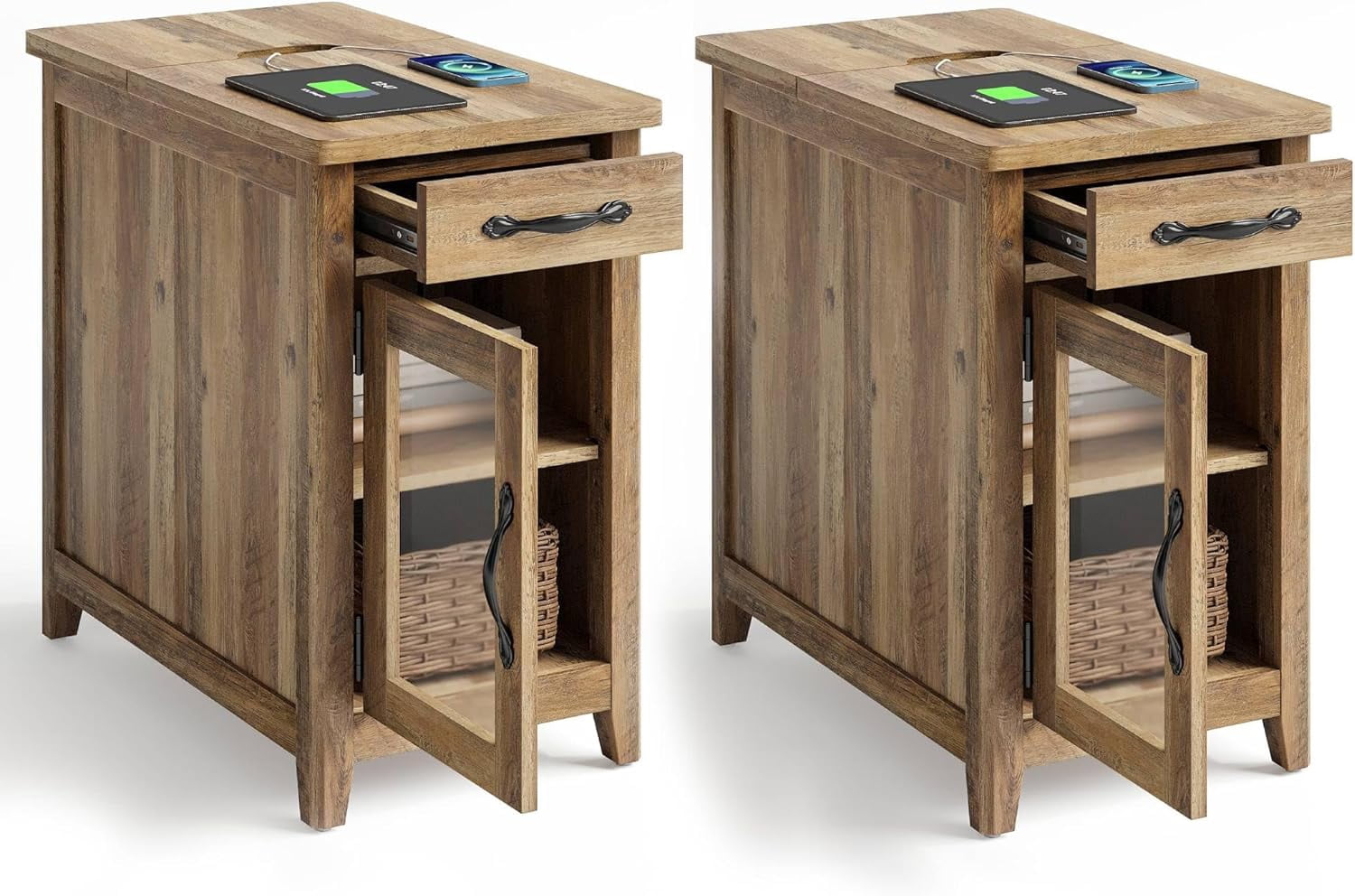Linsy Home Farmhouse Nightstands for Bedroom Set of 2, End Tables with Usb Ports and Outlets, Brown