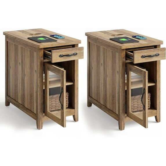 Linsy Home Farmhouse Nightstands for Bedroom Set of 2, End Tables with Usb Ports and Outlets, Brown