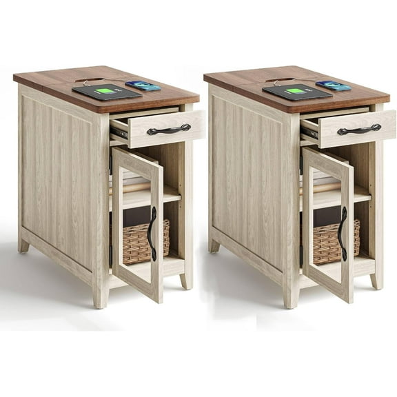Linsy Home Farmhouse Nightstands for Bedroom Set of 2, End Tables with Usb Ports and Outlets, Washed Grey & Brown