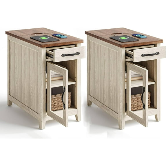 Linsy Home Farmhouse Nightstands for Bedroom Set of 2, End Tables with Usb Ports and Outlets, Washed Grey & Brown