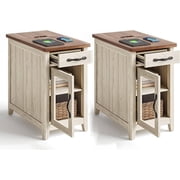 Linsy Home Farmhouse End Tables for Living Room Set of 2, Side Tables with Usb Ports and Outlets, Brown & Beige