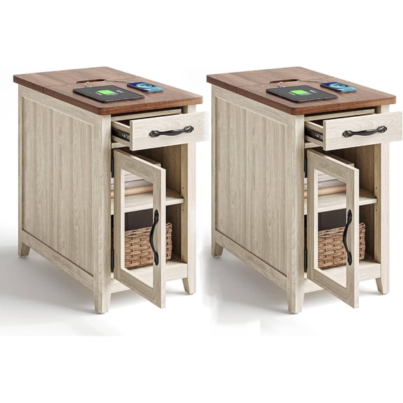 Linsy Home Farmhouse End Tables for Living Room Set of 2, Side Tables with Usb Ports and Outlets, Brown & Beige