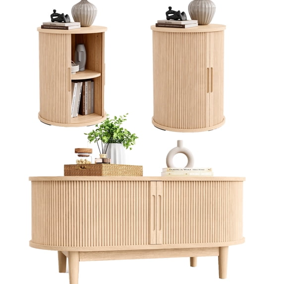 Linsy Home Fluted Coffee Table Sets 3 Pieces, Wood Living Room Table Set Include 40" Coffee Table, Fluted End Table Set of 2, Oak