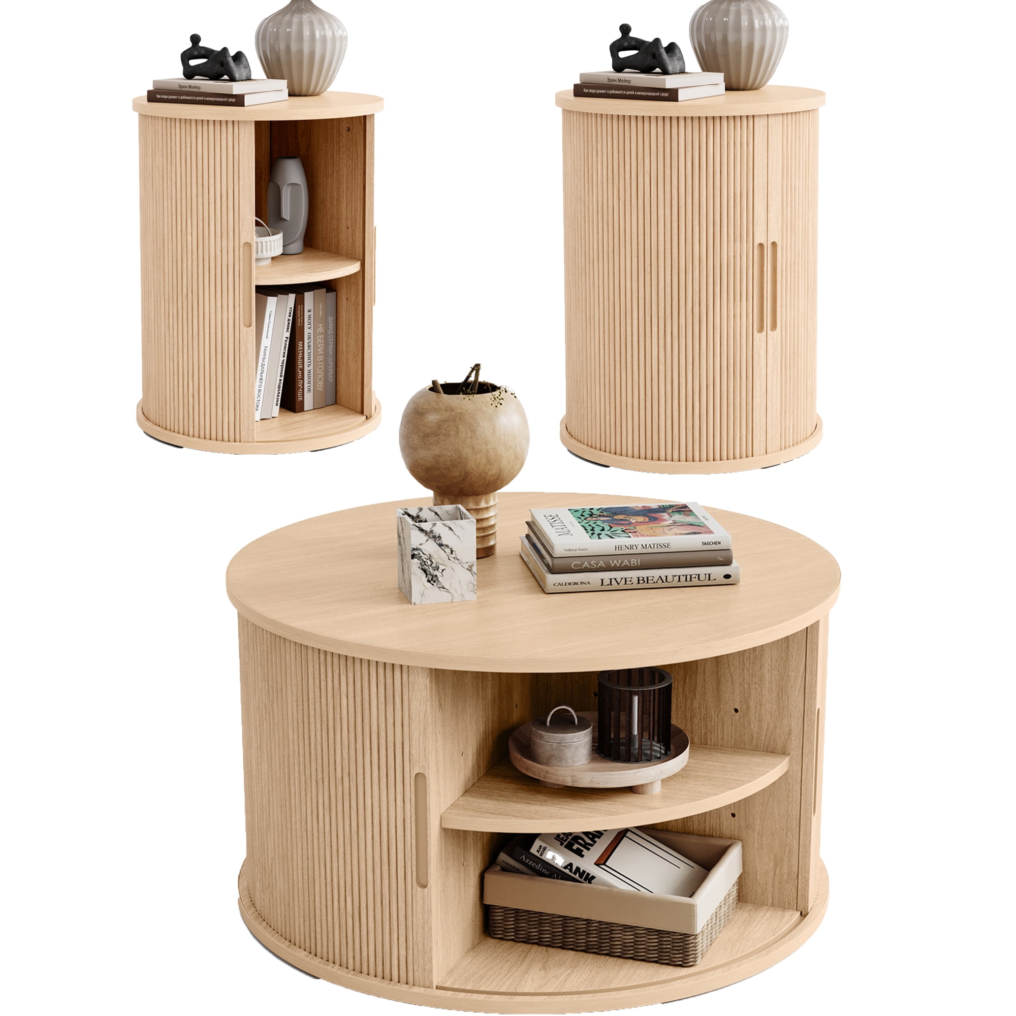 Linsy Home Fluted Coffee Table Sets 3 Pieces, Wood Living Room Table ...