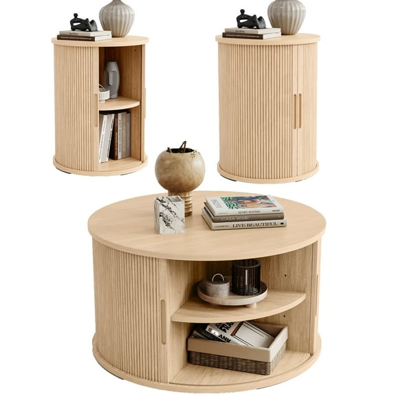 Linsy Home Fluted Coffee Table Sets 3 Pieces, Wood Living Room Table Set Include Coffee Table Round with Large Storage, Fluted End Table Set of 2, Oak