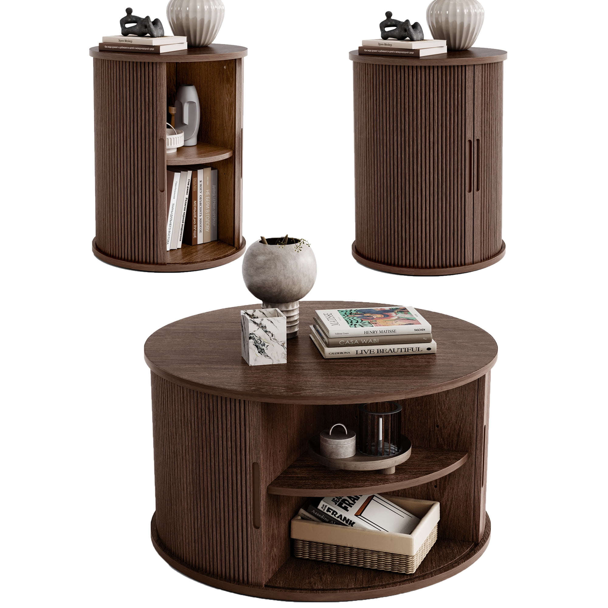 Linsy Home Fluted Coffee Table Sets 3 Pieces, Wood Living Room Table ...