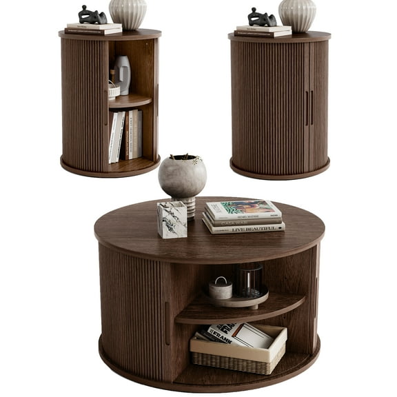 Linsy Home Fluted Coffee Table Sets 3 Pieces, Wood Living Room Table Set Include Coffee Table Round with Large Storage, Fluted End Table Set of 2, Walnut