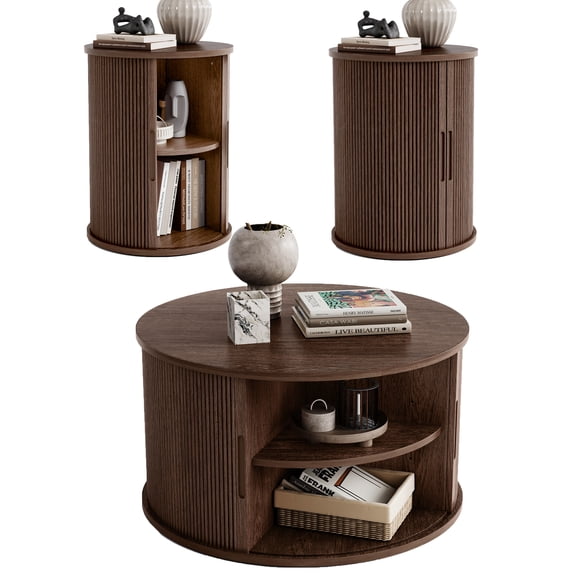 Linsy Home Fluted Coffee Table Sets 3 Pieces, Wood Living Room Table Set Include Coffee Table Round with Large Storage, Fluted End Table Set of 2, Walnut