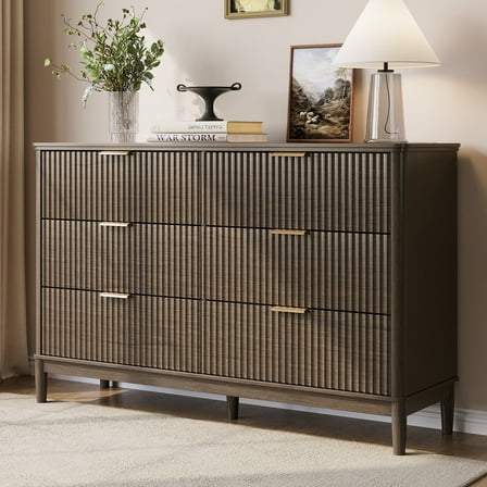 Linsy Home Fluted Dressers for Bedroom, Wide Chest of 6 Drawers, Dark Brown