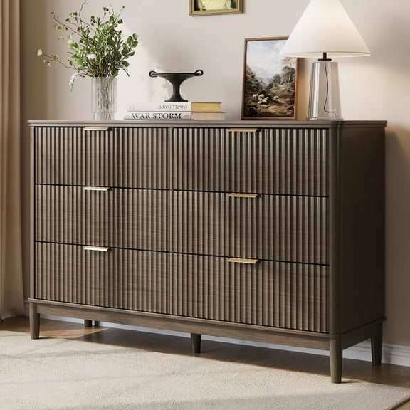 Linsy Home Fluted Dressers for Bedroom, Wide Chest of 6 Drawers, Dark Brown