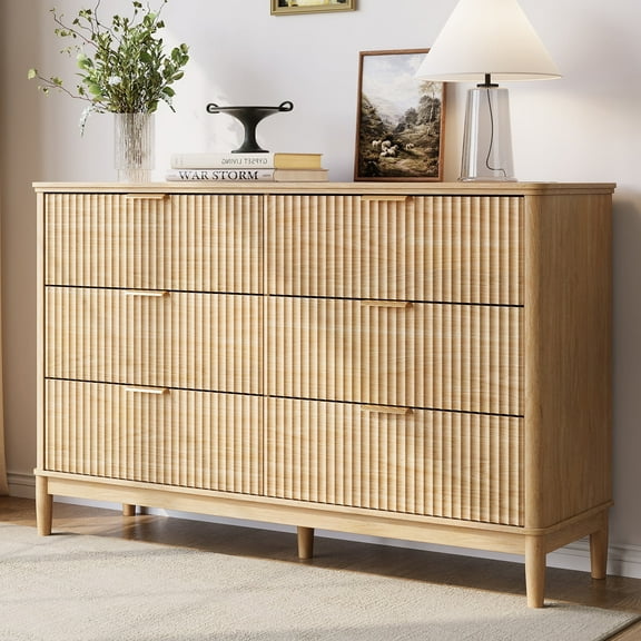 Linsy Home Fluted Dressers for Bedroom, Wide Chest of 6 Drawers, Oak