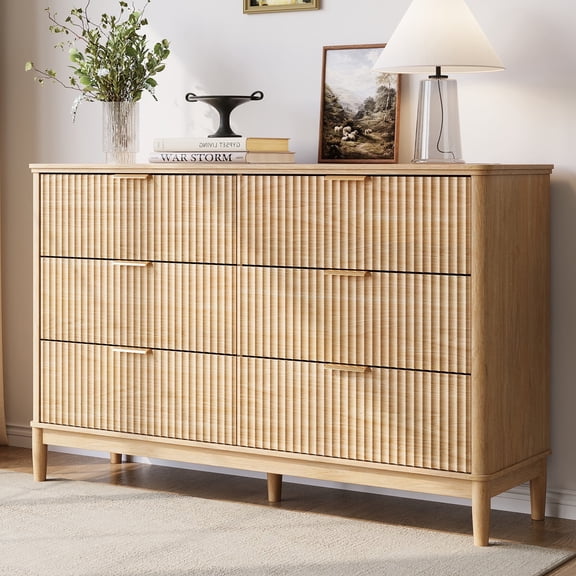 Linsy Home Fluted Dressers for Bedroom, Wide Chest of 6 Drawers, Oak