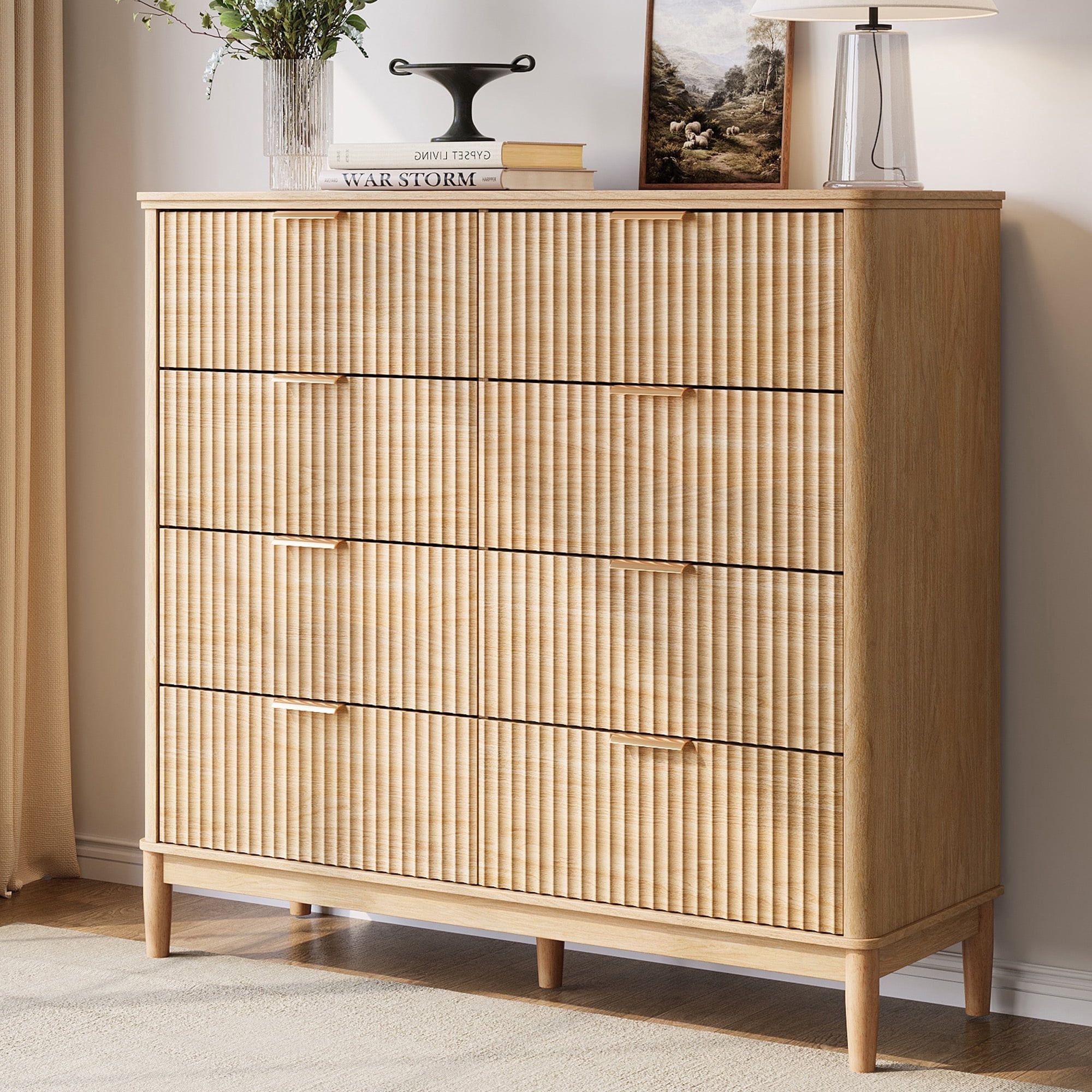 Linsy Home Fluted Dressers for Bedroom, Wide Chest of 8 Drawers, Oak