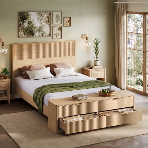 Linsy Home Fluted Queen Bed Frame with 49.2" High Headboard and Storage Bench, Wood Platform Bed with 64" Storage Chest&4 Large Drawer, Oak