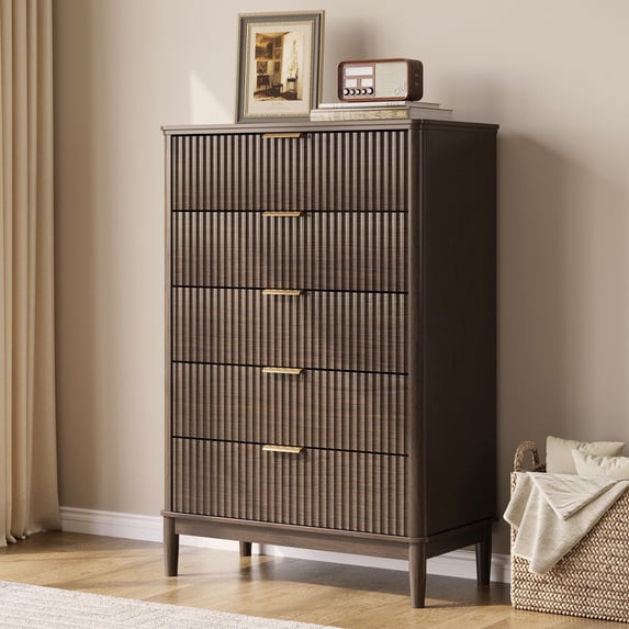 Linsy Home Fluted Tall Dressers for Bedroom, Chest of 5 Drawers, Dark Brown