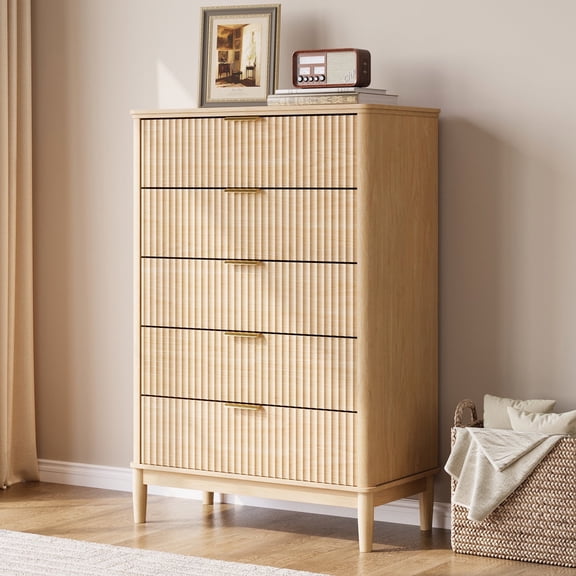 Linsy Home Fluted Tall Dressers for Bedroom, Chest of 5 Drawers, Oak