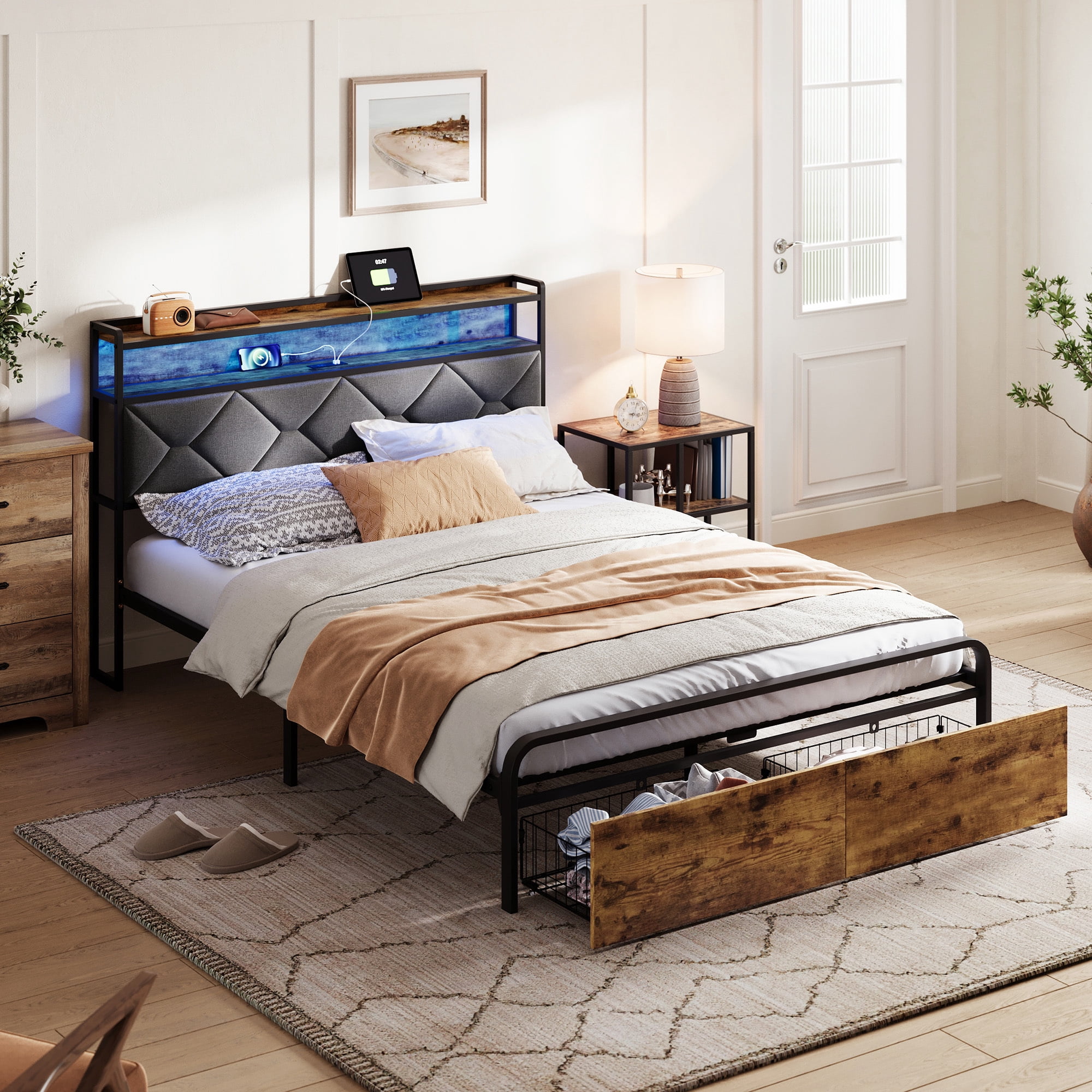 Linsy Home Full Bed Frame with Headboard and 2 Storage Shelves, Metal ...