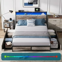 Linsy Home Full Size Platform Bed Frame with Ergonomic Headboard and 4 Drawers, Storage Bed with Lights, Outlets & USB, Light Grey