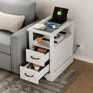 Linsy Home Glass Top Nightstand with Charging Station for Bedroom, Narrow End Tables for Living Room with 2 Drawers, Open Shelf & Back Storage Space, White