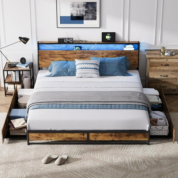 Linsy Home King Size Platform Bed Frame with Ergonomic Headboard and 4 Drawers, Storage Bed with Lights, Outlets & USB, Dark Brown