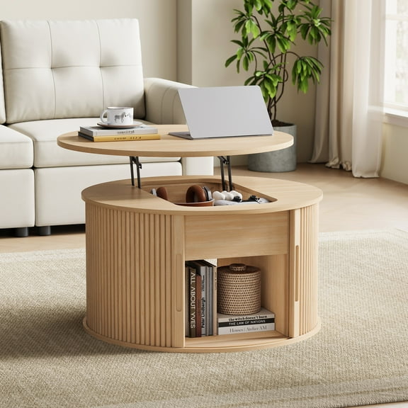 Linsy Home Lift Top Coffee Table Round with Storage, Fluted Coffee Table for Living Room with Open&Hidden Storage Space, Oak