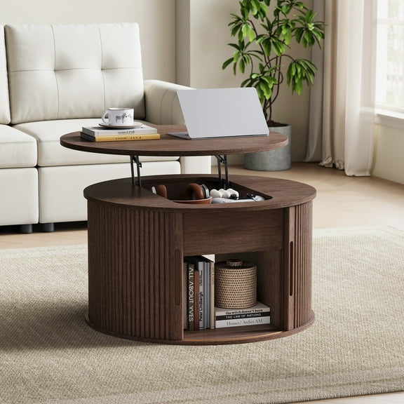 Linsy Home Lift Top Coffee Table Round with Storage, Fluted Coffee Table for Living Room with Open&Hidden Storage Space, Walnut