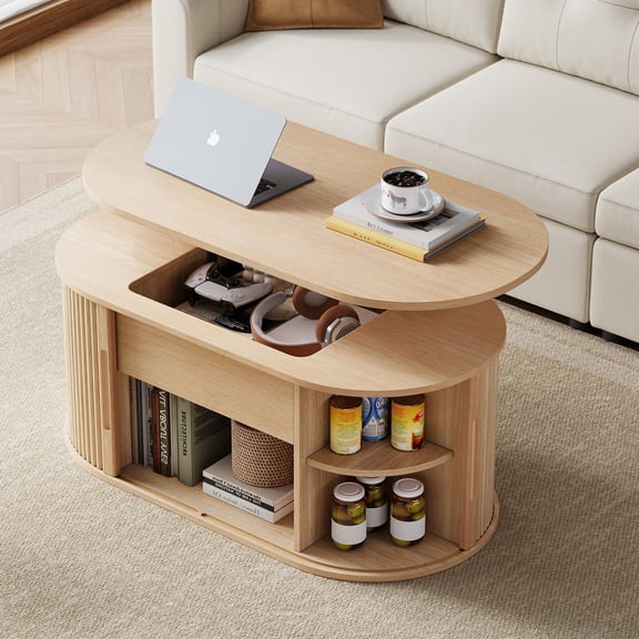 Linsy Home Lift Top Fluted Coffee Table with Storage, Mid-Century Coffee Table for Living Room with Sliding Tambour Door, Oak