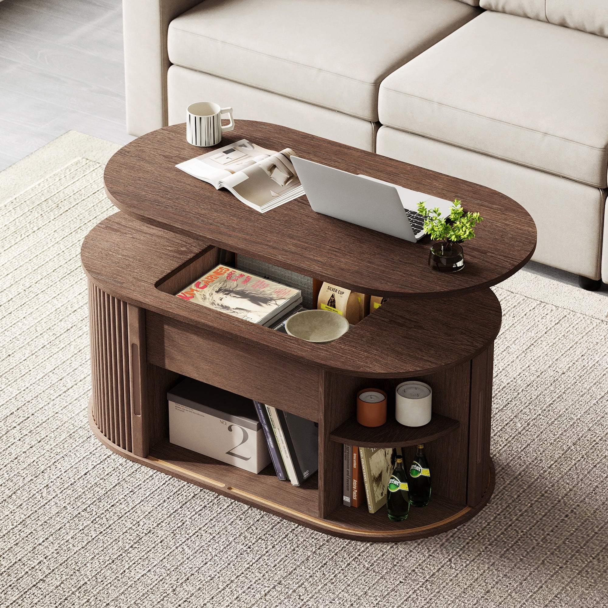 Linsy Home Lift Top Fluted Coffee Table with Storage, Mid-Century Coffee Table for Living Room with Sliding Tambour Door, Walnut