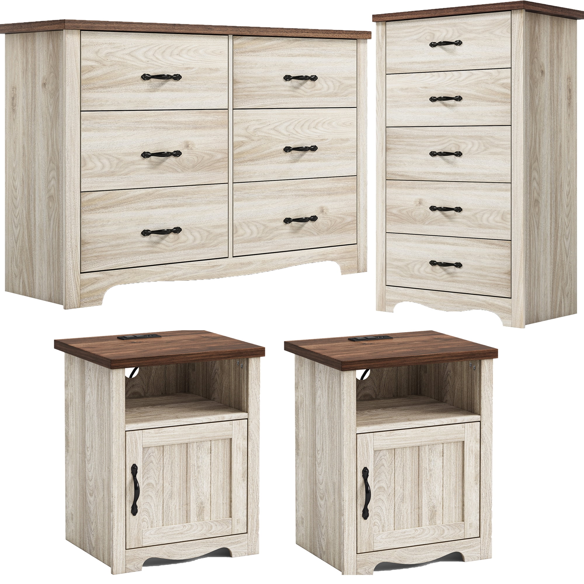 Linsy Home Modern Bedroom Set, 4 Pieces Bedroom Furniture Set Include 6 Drawer Dresser, 5 Drawer Dresser, Nightstands for Bedroom Set of 2, Grey