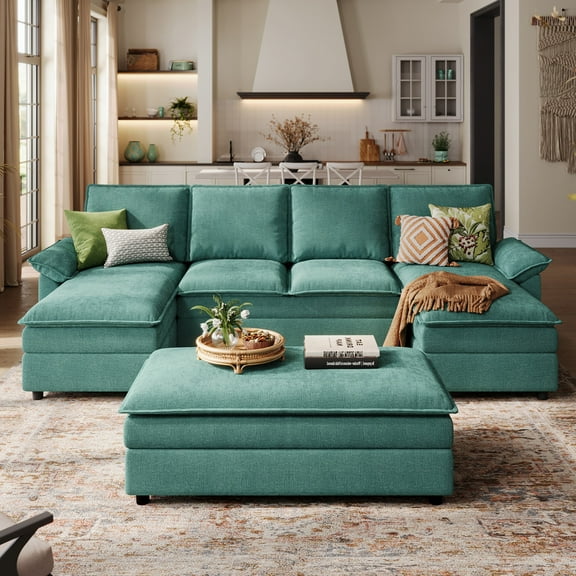 Linsy Home Modular Sectional Cloud Sofa, 4 Seat Sofa Bed with Movable & Versatile Ottoman, Green
