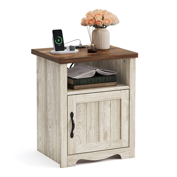 Linsy Home Nightstand for Bedroom with Charging Station, Farmhouse End Tables for Living Room with Drawer, Beige