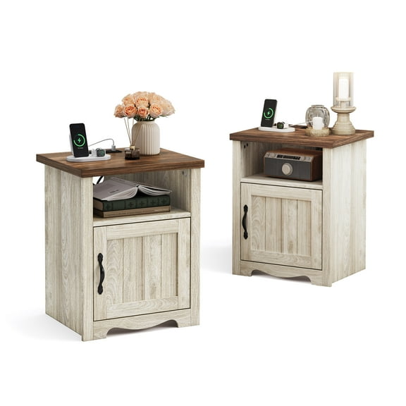 Linsy Home Nightstand for Bedroom set of 2 with Charging Station, Farmhouse End Tables for Living Room set of 2 with Drawer, Beige