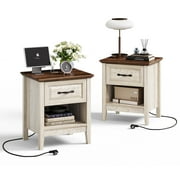 Linsy Home Nightstand for Bedroom set of 2 with Charging Station, Farmhouse End Tables for Living Room set of 2 with Drawer, Beige