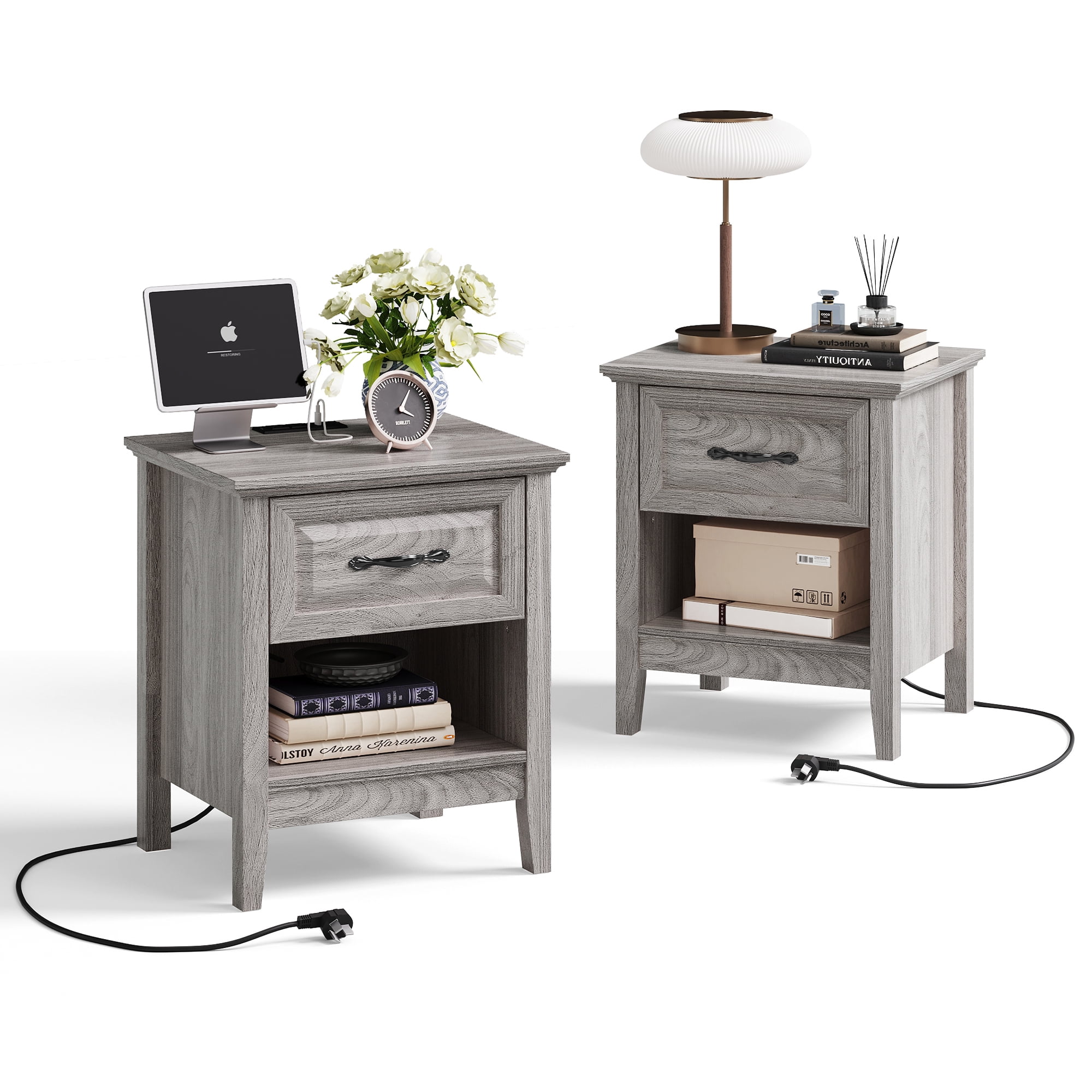 Linsy Home Nightstand for Bedroom set of 2 with Charging Station, Farmhouse End Tables for Living Room set of 2 with Drawer, Grey