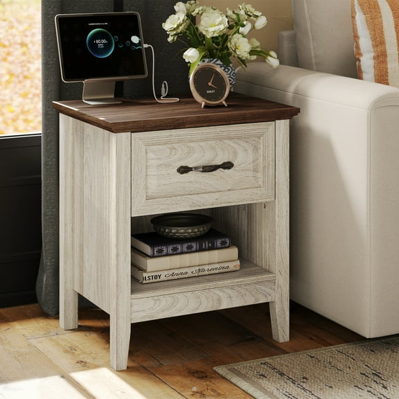 Linsy Home Nightstand for Bedroom with Charging Station, Farmhouse End Tables for Living Room with Drawer, Beige