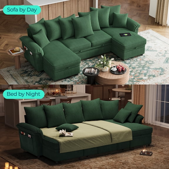 LINSY HOME Modular Sectional Sofa, Sofa Bed with Reversible Storage Chaise, Pull Out Couch Bed with USB, Side Pocket & Two Pillows, Green